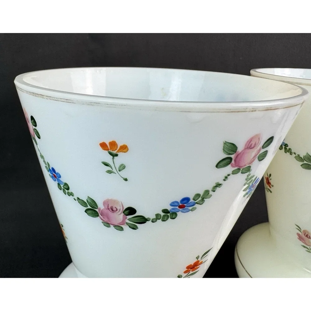 Lot Of 2 Vintage Czech White Porcelain Trumpet Style Vases Floral Pink Rose